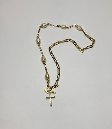 Pearl toggle cross necklace