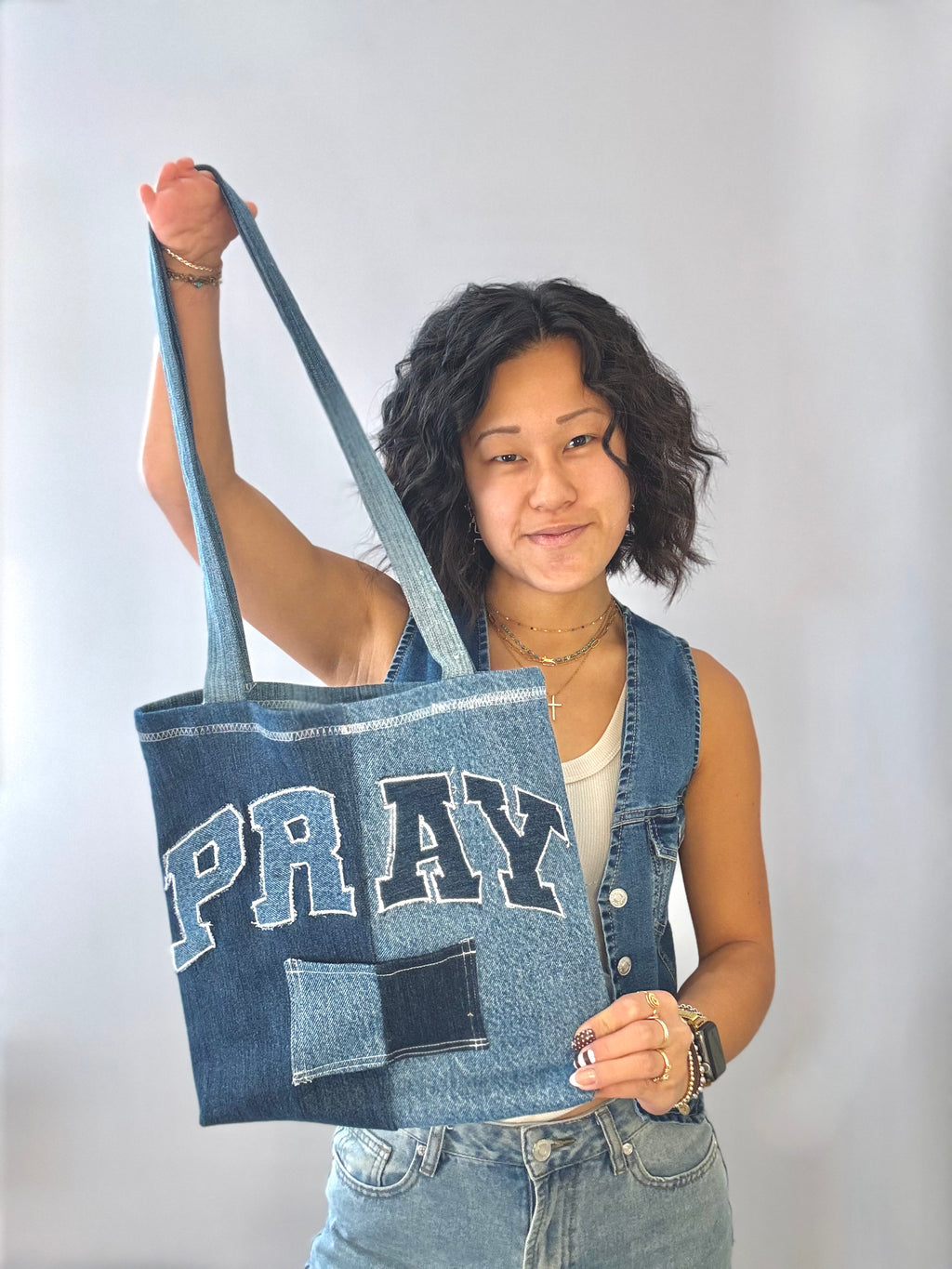 PRAY denim Tote bag