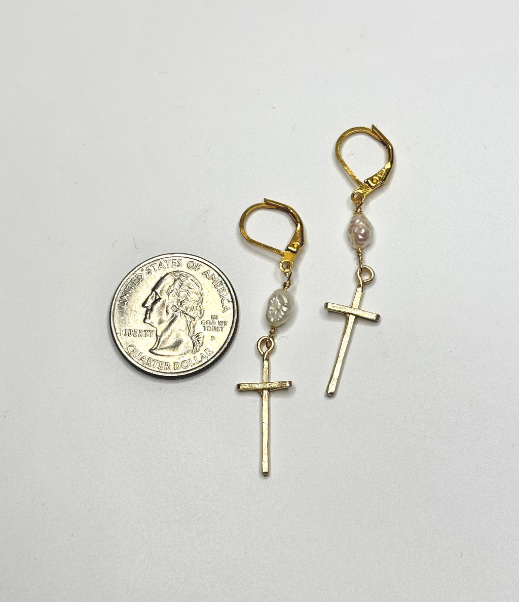 Elongated Cross Earrings (With Pearls)