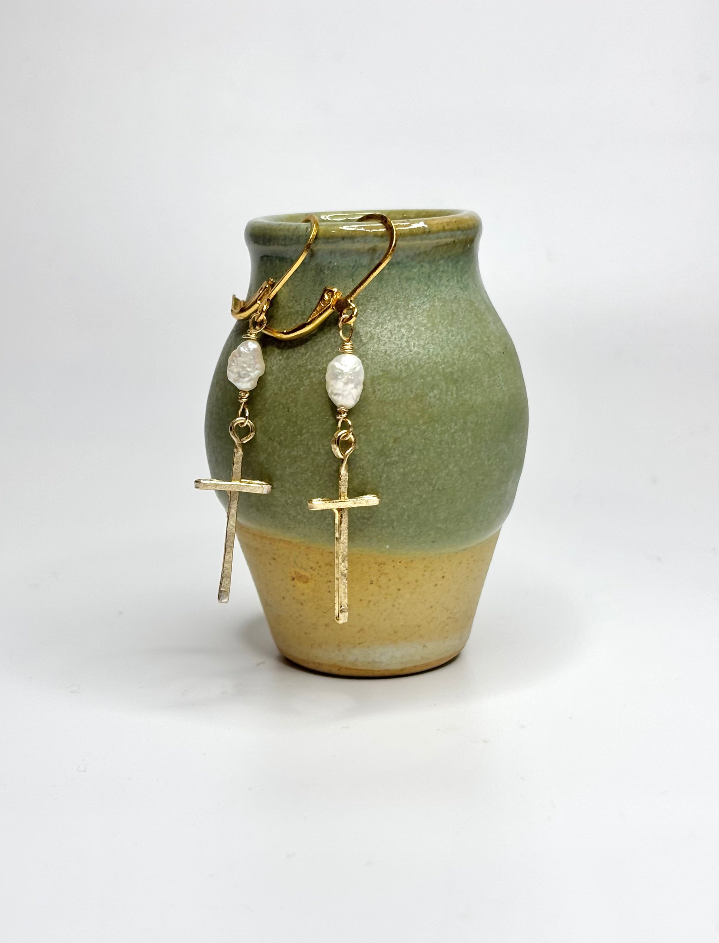 Elongated Cross Earrings (With Pearls)